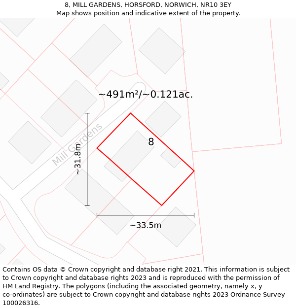 8, MILL GARDENS, HORSFORD, NORWICH, NR10 3EY: Plot and title map