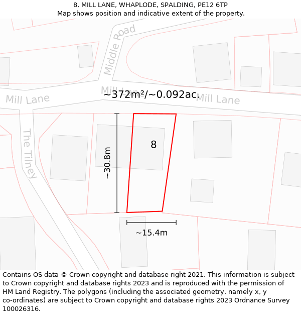 8, MILL LANE, WHAPLODE, SPALDING, PE12 6TP: Plot and title map