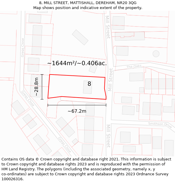 8, MILL STREET, MATTISHALL, DEREHAM, NR20 3QG: Plot and title map