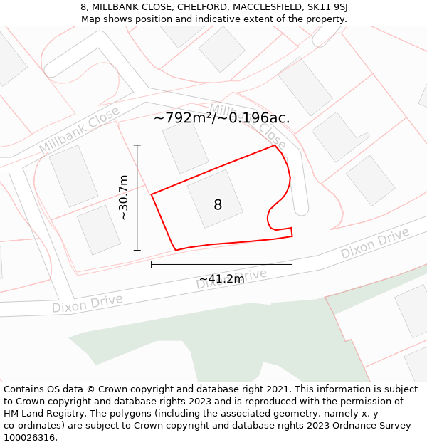 8, MILLBANK CLOSE, CHELFORD, MACCLESFIELD, SK11 9SJ: Plot and title map