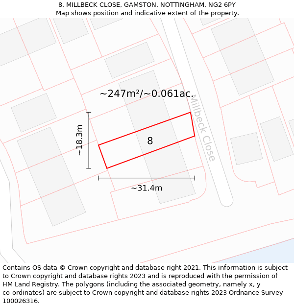 8, MILLBECK CLOSE, GAMSTON, NOTTINGHAM, NG2 6PY: Plot and title map