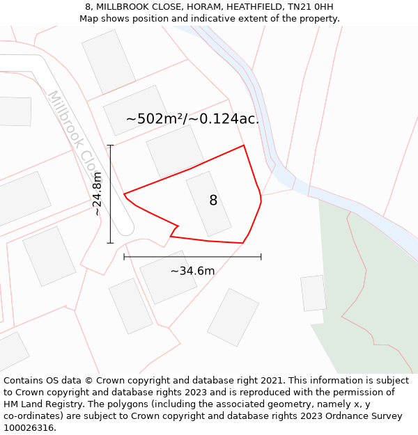 8, MILLBROOK CLOSE, HORAM, HEATHFIELD, TN21 0HH: Plot and title map