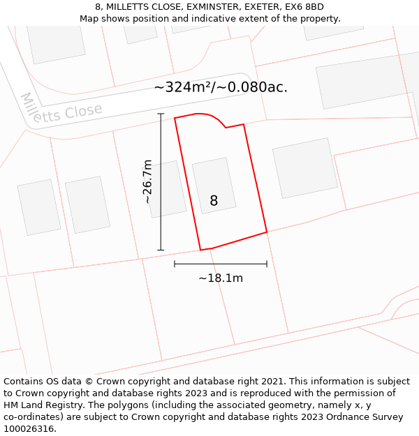 8, MILLETTS CLOSE, EXMINSTER, EXETER, EX6 8BD: Plot and title map