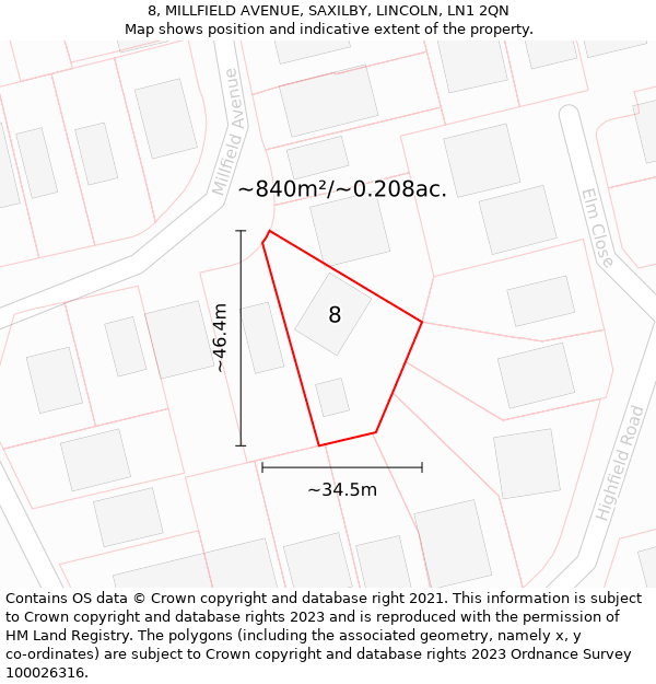 8, MILLFIELD AVENUE, SAXILBY, LINCOLN, LN1 2QN: Plot and title map
