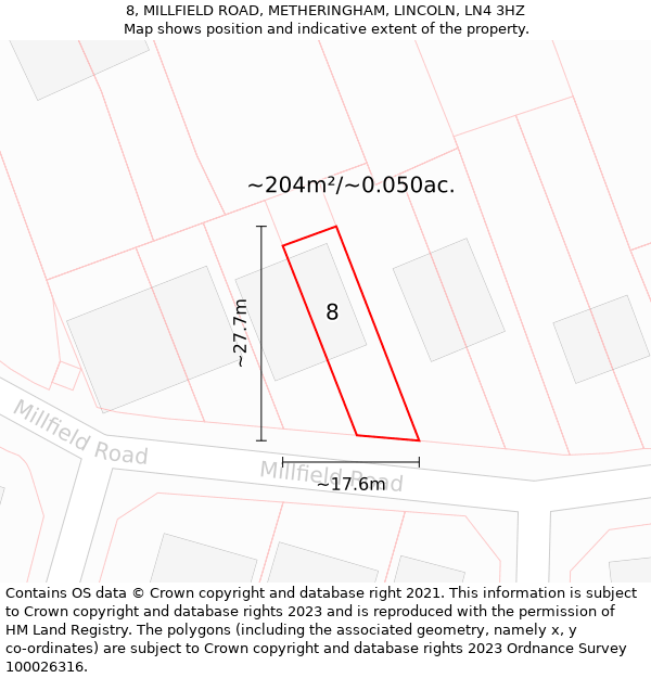 8, MILLFIELD ROAD, METHERINGHAM, LINCOLN, LN4 3HZ: Plot and title map