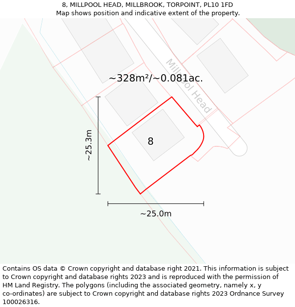 8, MILLPOOL HEAD, MILLBROOK, TORPOINT, PL10 1FD: Plot and title map