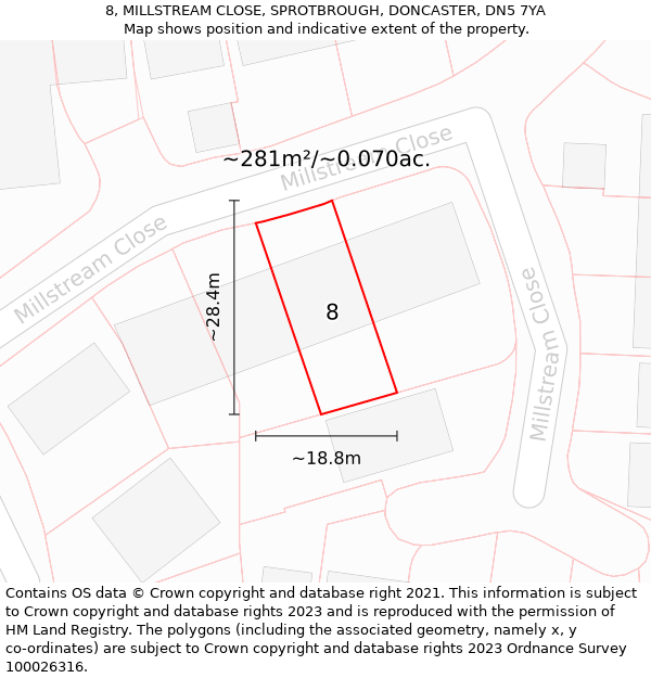 8, MILLSTREAM CLOSE, SPROTBROUGH, DONCASTER, DN5 7YA: Plot and title map