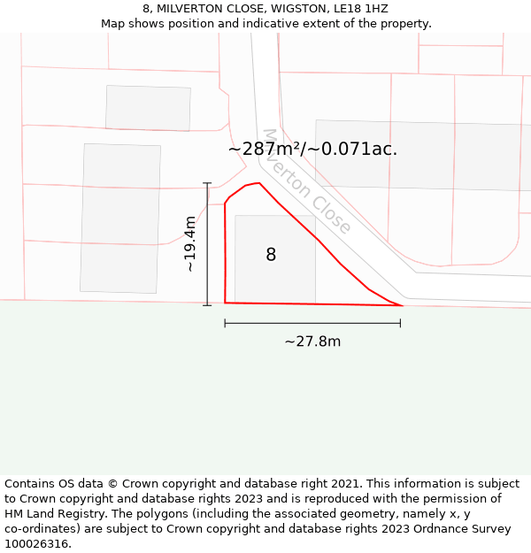 8, MILVERTON CLOSE, WIGSTON, LE18 1HZ: Plot and title map