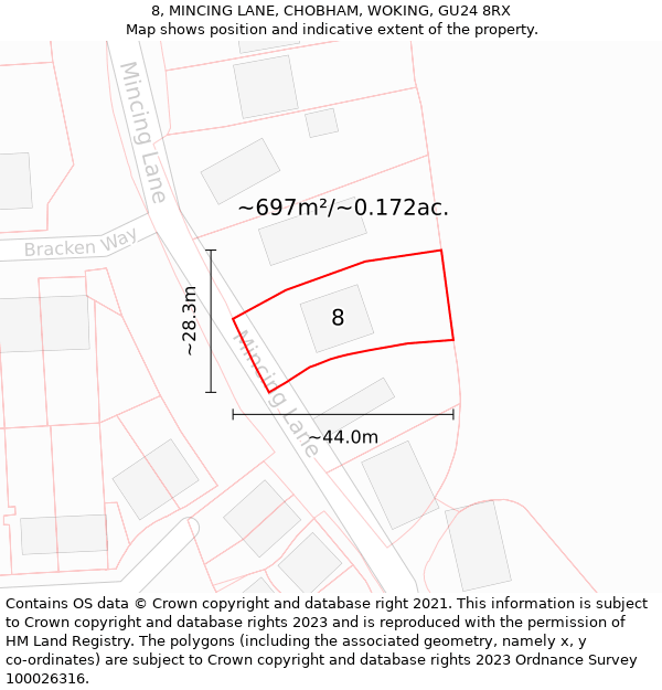 8, MINCING LANE, CHOBHAM, WOKING, GU24 8RX: Plot and title map