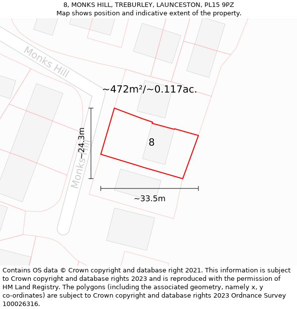 8, MONKS HILL, TREBURLEY, LAUNCESTON, PL15 9PZ: Plot and title map