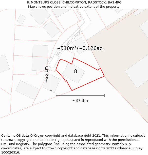 8, MONTSURS CLOSE, CHILCOMPTON, RADSTOCK, BA3 4PG: Plot and title map