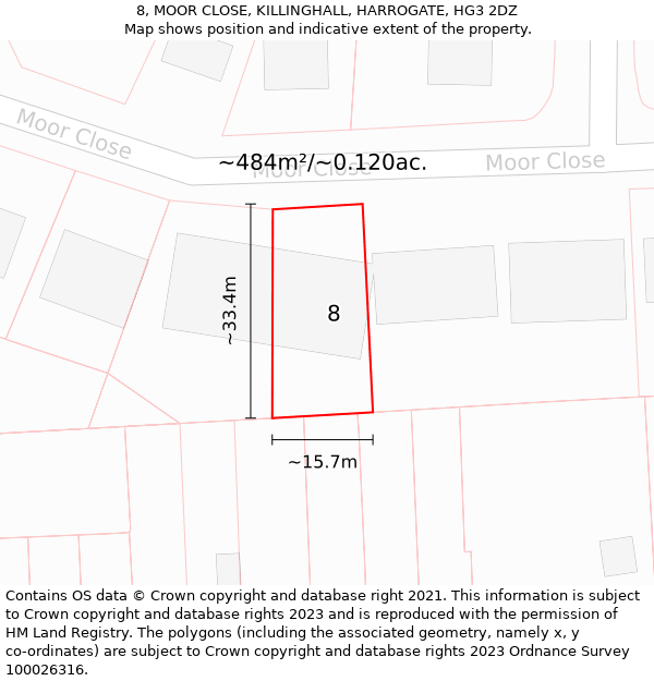 8, MOOR CLOSE, KILLINGHALL, HARROGATE, HG3 2DZ: Plot and title map