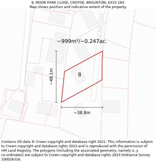 8, MOOR PARK CLOSE, CROYDE, BRAUNTON, EX33 1NX: Plot and title map