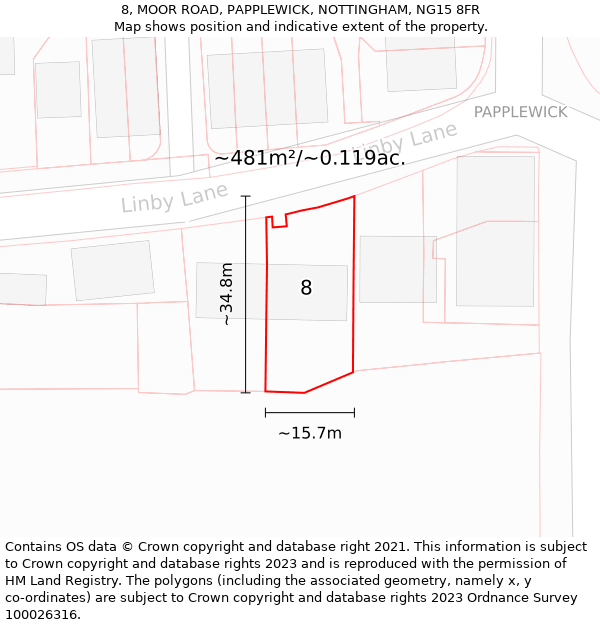 8, MOOR ROAD, PAPPLEWICK, NOTTINGHAM, NG15 8FR: Plot and title map