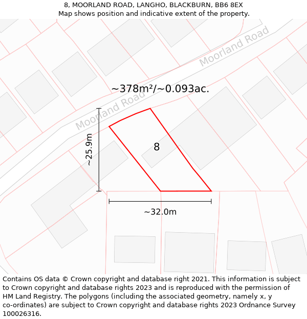 8, MOORLAND ROAD, LANGHO, BLACKBURN, BB6 8EX: Plot and title map