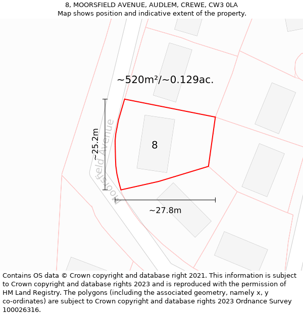 8, MOORSFIELD AVENUE, AUDLEM, CREWE, CW3 0LA: Plot and title map