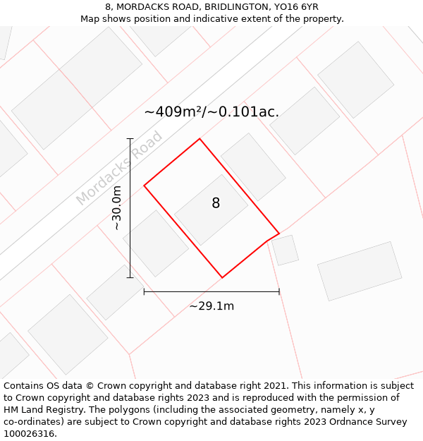 8, MORDACKS ROAD, BRIDLINGTON, YO16 6YR: Plot and title map