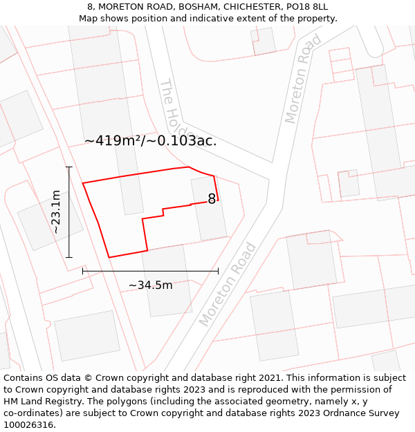 8, MORETON ROAD, BOSHAM, CHICHESTER, PO18 8LL: Plot and title map