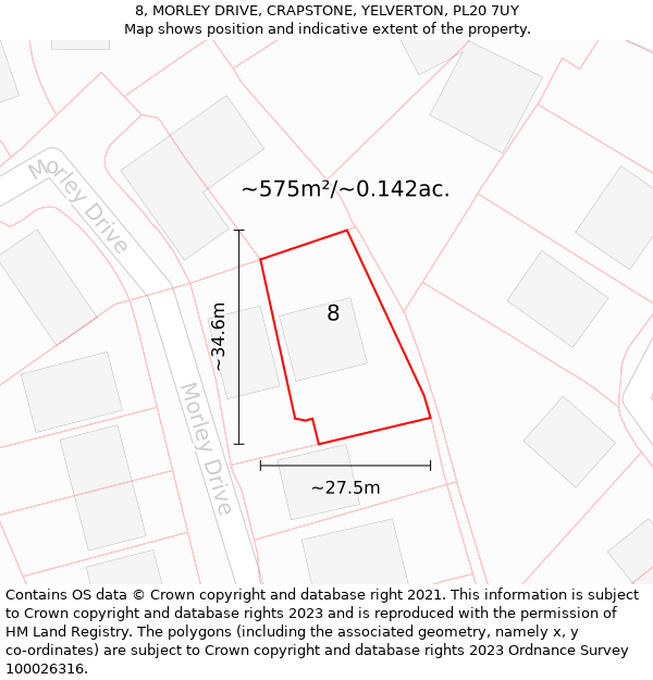 8, MORLEY DRIVE, CRAPSTONE, YELVERTON, PL20 7UY: Plot and title map