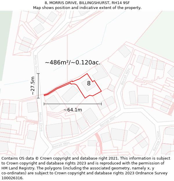 8, MORRIS DRIVE, BILLINGSHURST, RH14 9SF: Plot and title map