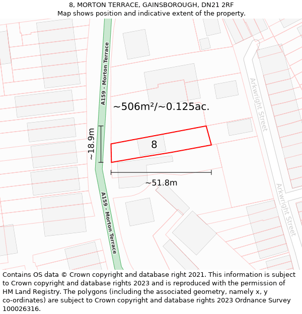 8, MORTON TERRACE, GAINSBOROUGH, DN21 2RF: Plot and title map