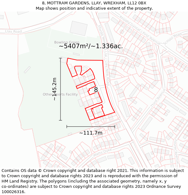 8, MOTTRAM GARDENS, LLAY, WREXHAM, LL12 0BX: Plot and title map