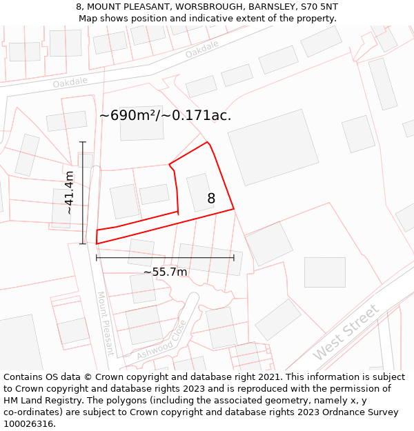 8, MOUNT PLEASANT, WORSBROUGH, BARNSLEY, S70 5NT: Plot and title map