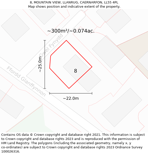 8, MOUNTAIN VIEW, LLANRUG, CAERNARFON, LL55 4PL: Plot and title map