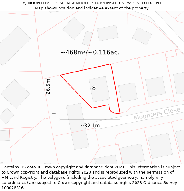 8, MOUNTERS CLOSE, MARNHULL, STURMINSTER NEWTON, DT10 1NT: Plot and title map