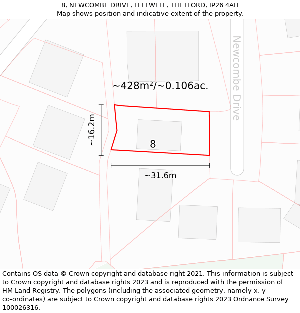 8, NEWCOMBE DRIVE, FELTWELL, THETFORD, IP26 4AH: Plot and title map