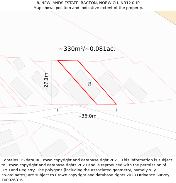 8, NEWLANDS ESTATE, BACTON, NORWICH, NR12 0HP: Plot and title map