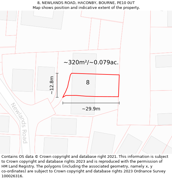 8, NEWLANDS ROAD, HACONBY, BOURNE, PE10 0UT: Plot and title map