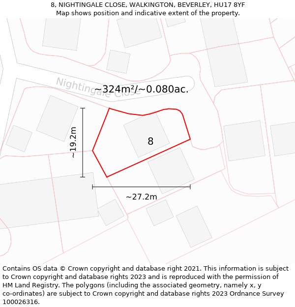 8, NIGHTINGALE CLOSE, WALKINGTON, BEVERLEY, HU17 8YF: Plot and title map