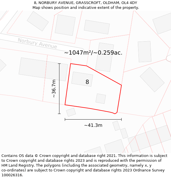 8, NORBURY AVENUE, GRASSCROFT, OLDHAM, OL4 4DY: Plot and title map