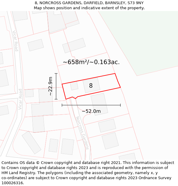 8, NORCROSS GARDENS, DARFIELD, BARNSLEY, S73 9NY: Plot and title map