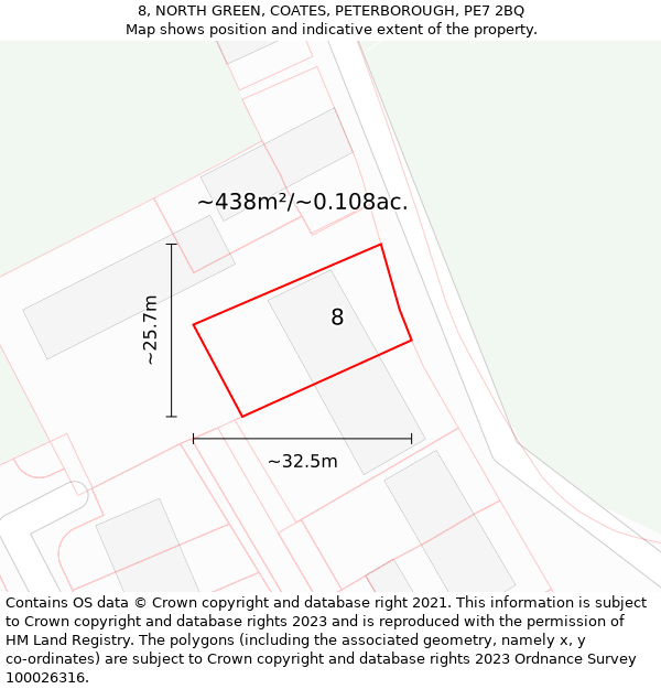 8, NORTH GREEN, COATES, PETERBOROUGH, PE7 2BQ: Plot and title map