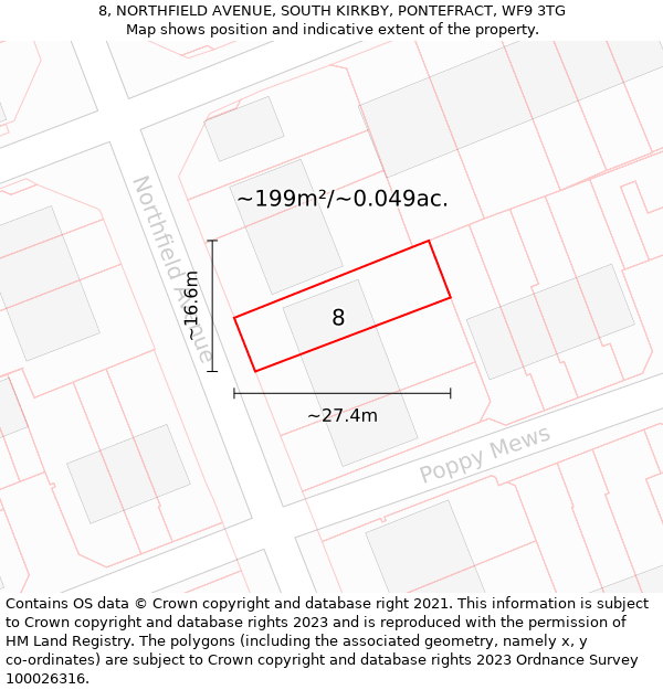 8, NORTHFIELD AVENUE, SOUTH KIRKBY, PONTEFRACT, WF9 3TG: Plot and title map