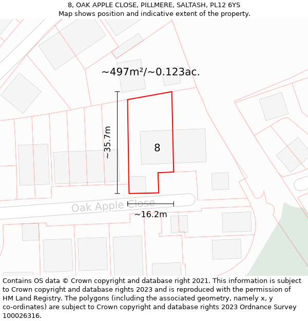 8, OAK APPLE CLOSE, PILLMERE, SALTASH, PL12 6YS: Plot and title map