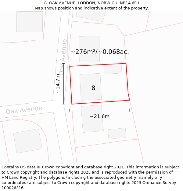 8, OAK AVENUE, LODDON, NORWICH, NR14 6FU: Plot and title map