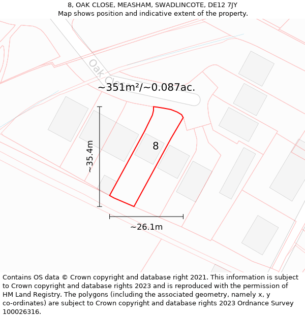 8, OAK CLOSE, MEASHAM, SWADLINCOTE, DE12 7JY: Plot and title map