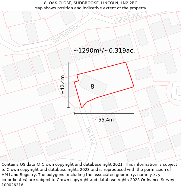 8, OAK CLOSE, SUDBROOKE, LINCOLN, LN2 2RG: Plot and title map