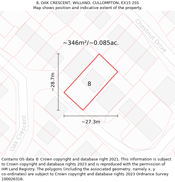 8, OAK CRESCENT, WILLAND, CULLOMPTON, EX15 2SS: Plot and title map