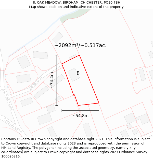 8, OAK MEADOW, BIRDHAM, CHICHESTER, PO20 7BH: Plot and title map