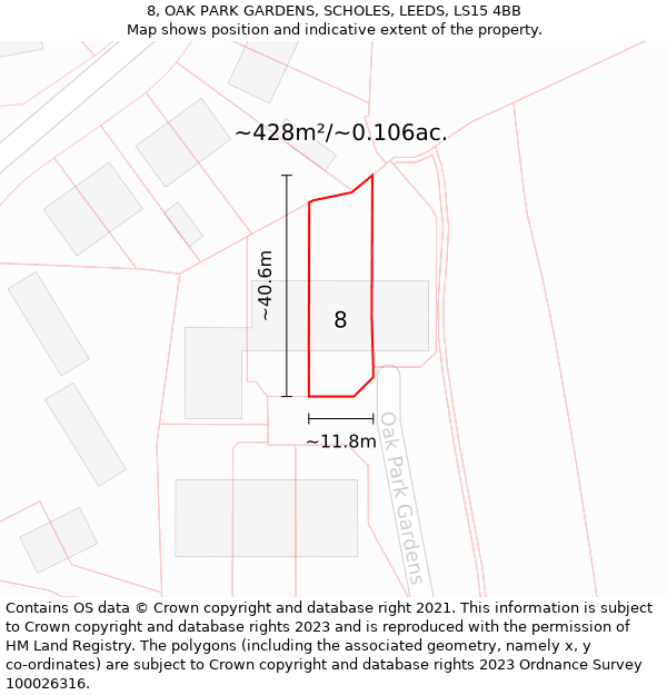 8, OAK PARK GARDENS, SCHOLES, LEEDS, LS15 4BB: Plot and title map