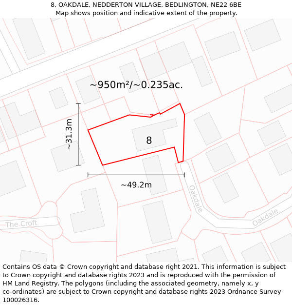 8, OAKDALE, NEDDERTON VILLAGE, BEDLINGTON, NE22 6BE: Plot and title map