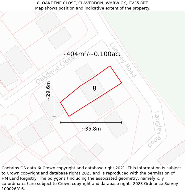 8, OAKDENE CLOSE, CLAVERDON, WARWICK, CV35 8PZ: Plot and title map