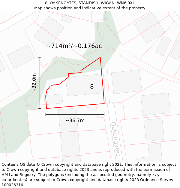 8, OAKENGATES, STANDISH, WIGAN, WN6 0XL: Plot and title map