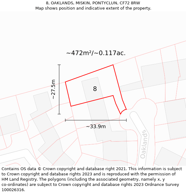 8, OAKLANDS, MISKIN, PONTYCLUN, CF72 8RW: Plot and title map