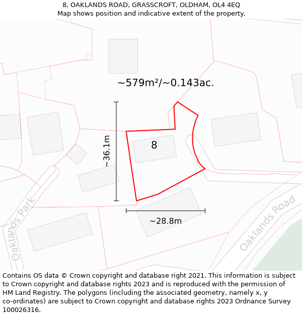 8, OAKLANDS ROAD, GRASSCROFT, OLDHAM, OL4 4EQ: Plot and title map