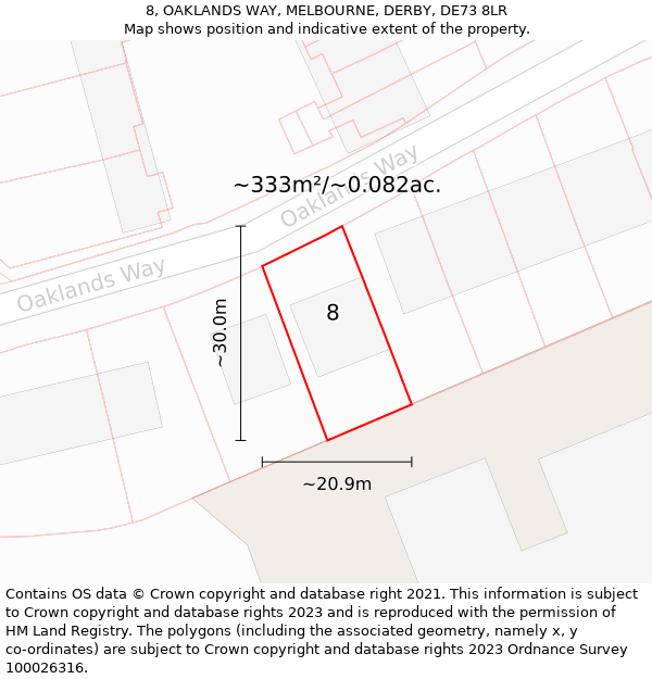 8, OAKLANDS WAY, MELBOURNE, DERBY, DE73 8LR: Plot and title map